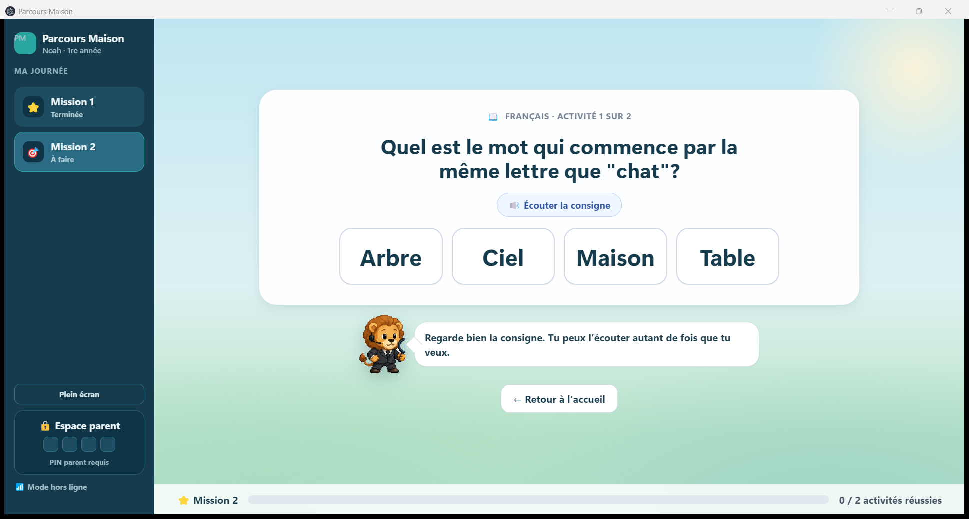 Activité de français : consigne de repérage de lettre, écoute audio et quatre choix de mots.